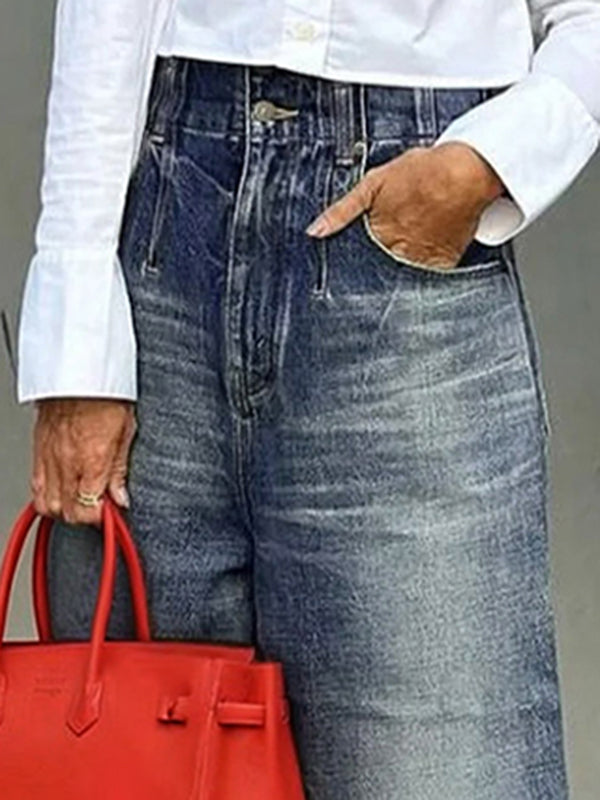 Loose Wide Leg Buttoned Fringed Pockets Jean Pants Bottoms
