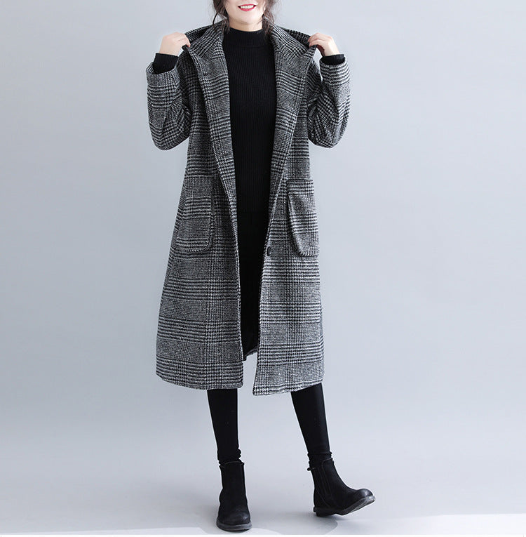 Classic Houndstooth Hooded Long Sleeve Coat