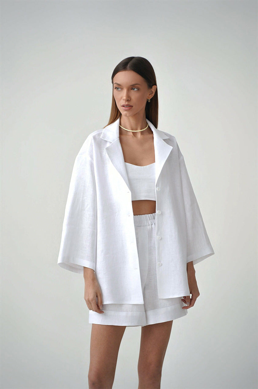 Cotton shorts suit women's lapel loose single-breasted Shirt high waist straight pants two-piece set