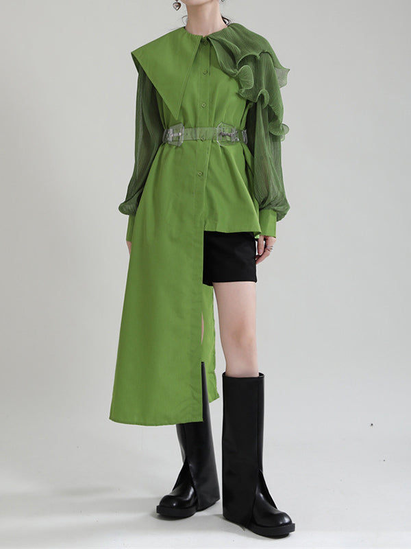 Long Sleeves Loose Asymmetric Pleated Solid Color Split-Joint Falbala Lapel Blouses&Shirts Tops