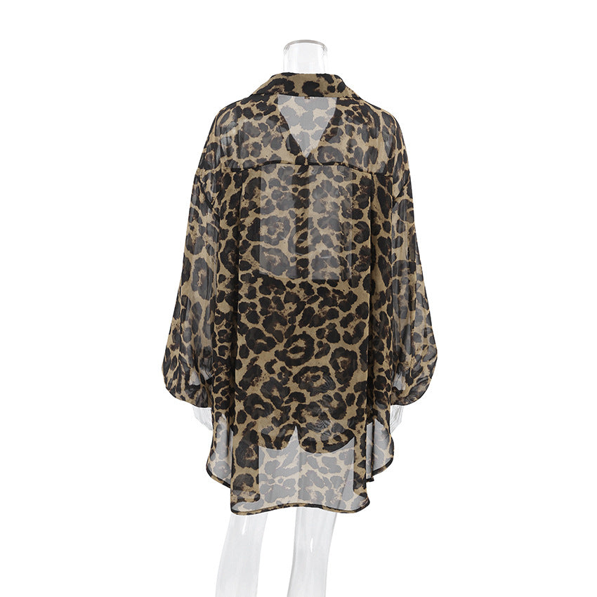 Fashion Leopard Print Long Sleeve Shirt & Shorts Two-Piece Set