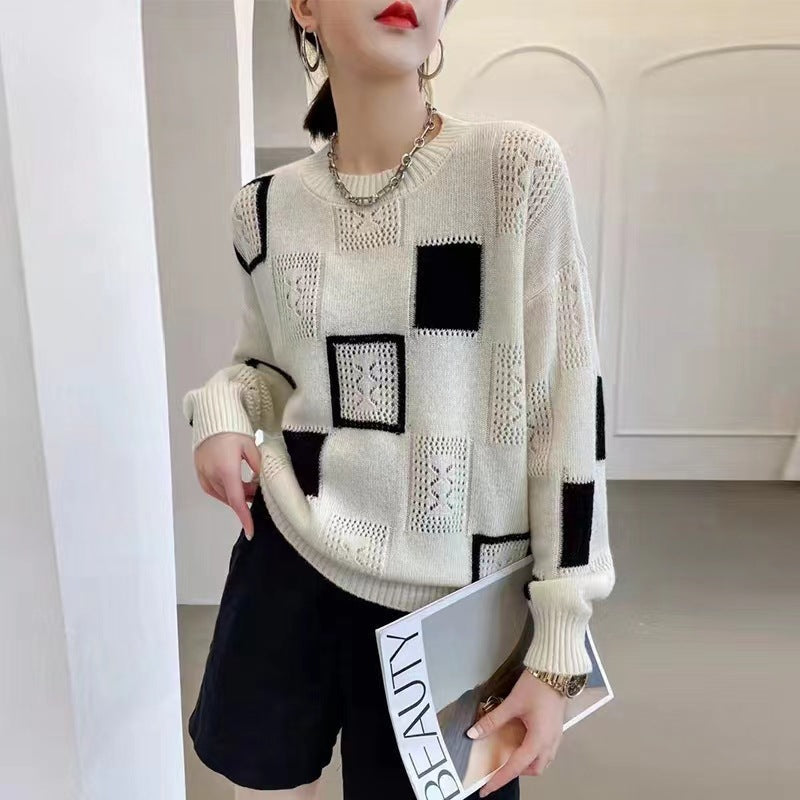 Spring and Autumn New Color Block Plaid Retro Round Neck Pullover Long Sleeve Sweater