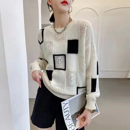 Spring and Autumn New Color Block Plaid Retro Round Neck Pullover Long Sleeve Sweater