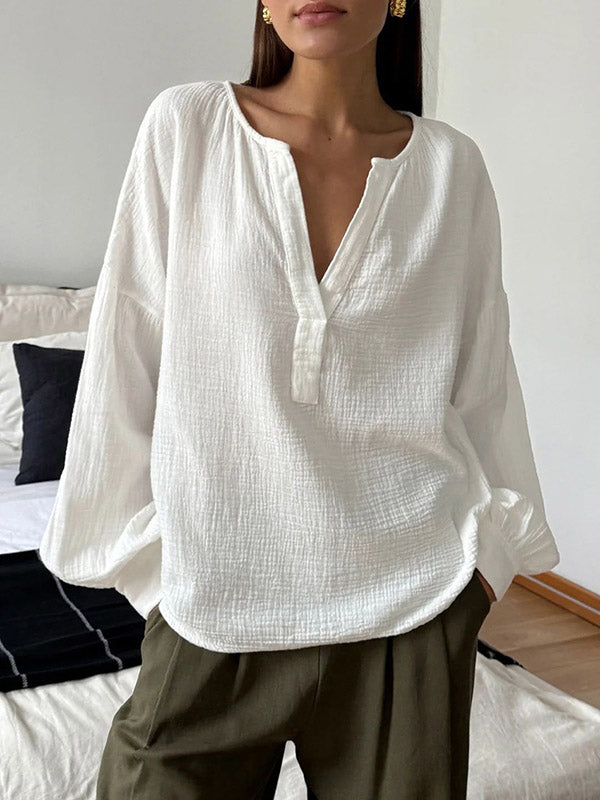 Loose Puff Sleeves Pleated Solid Color Split-Joint V-Neck Blouses&Shirts Tops