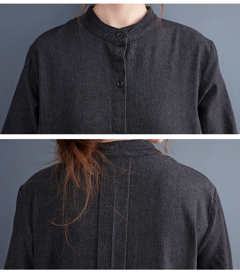 Loose Pleated Stand Collar Denim Midi Dress