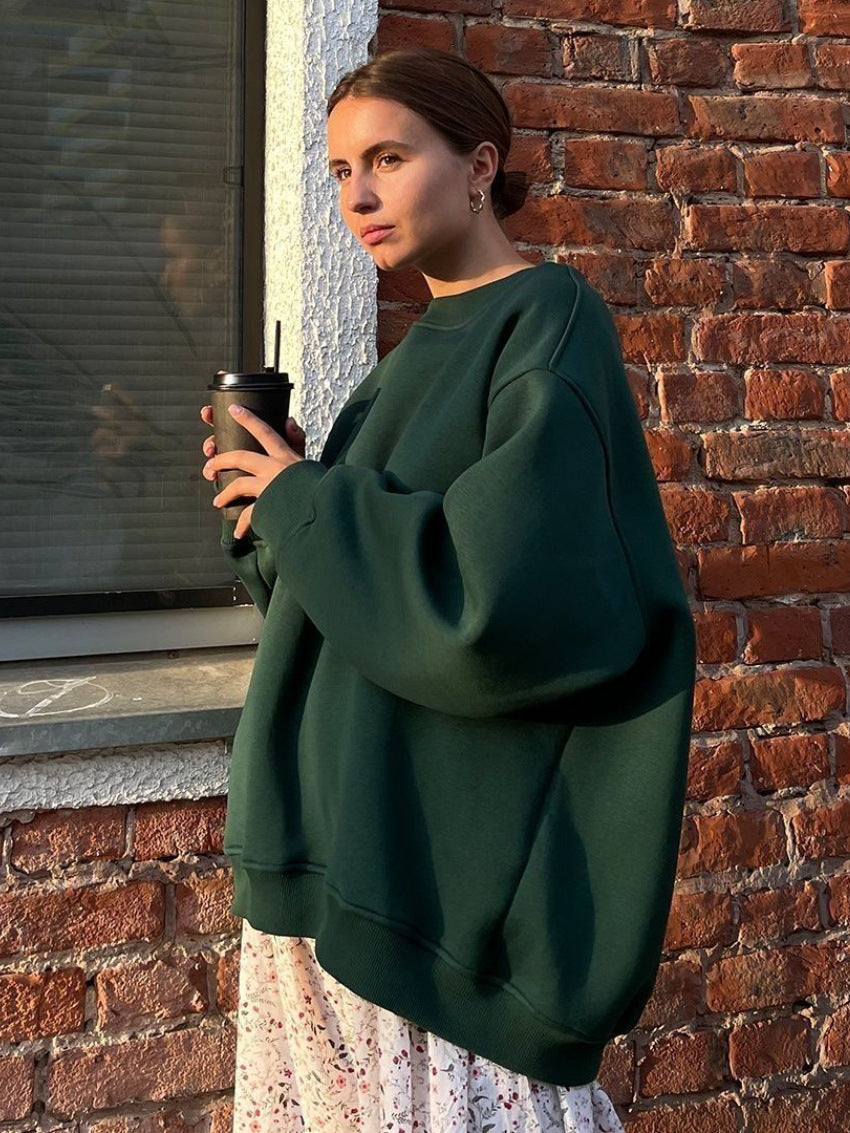 Round neck loose sweatshirt women's autumn winter Street solid color Oversize polar fleece pullover top