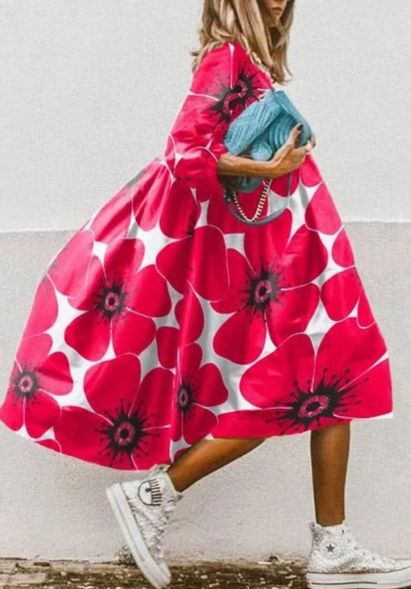 Vintage Floral Print High Low Hem A-Line Midi Dress