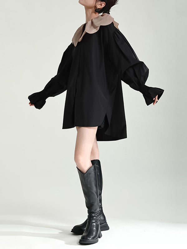 Long Sleeves Loose Contrast Color Elasticity Pleated Split-Joint Peter Pan Collar Blouses