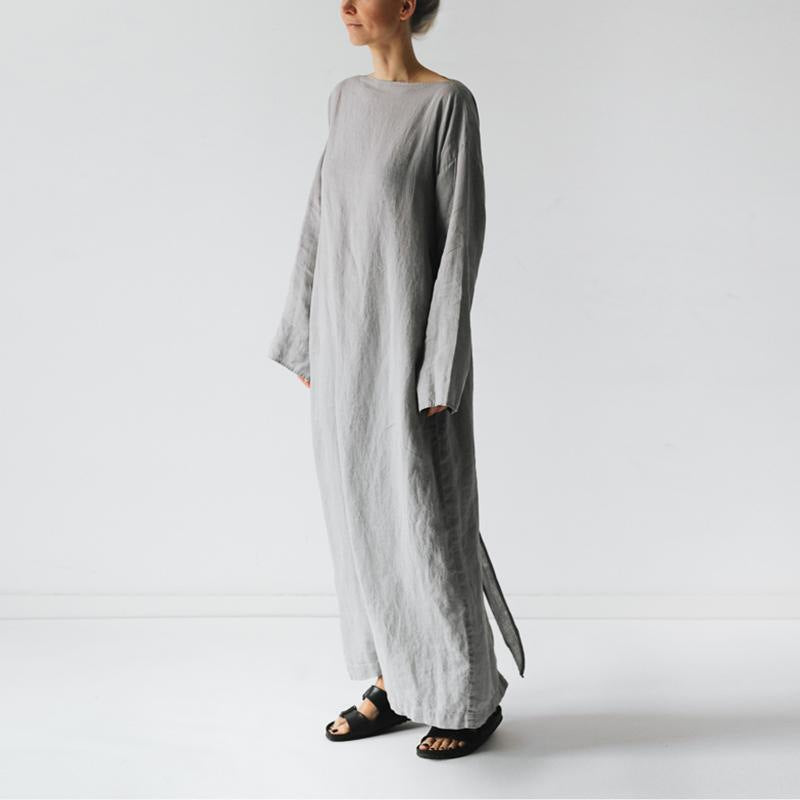 Minimalist Cotton Linen Long Sleeve Lace-up Maxi Dress