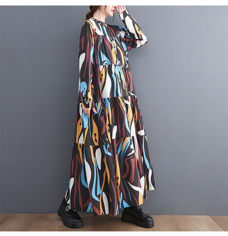 Loose Print Pleated Round Neck Midi Dress