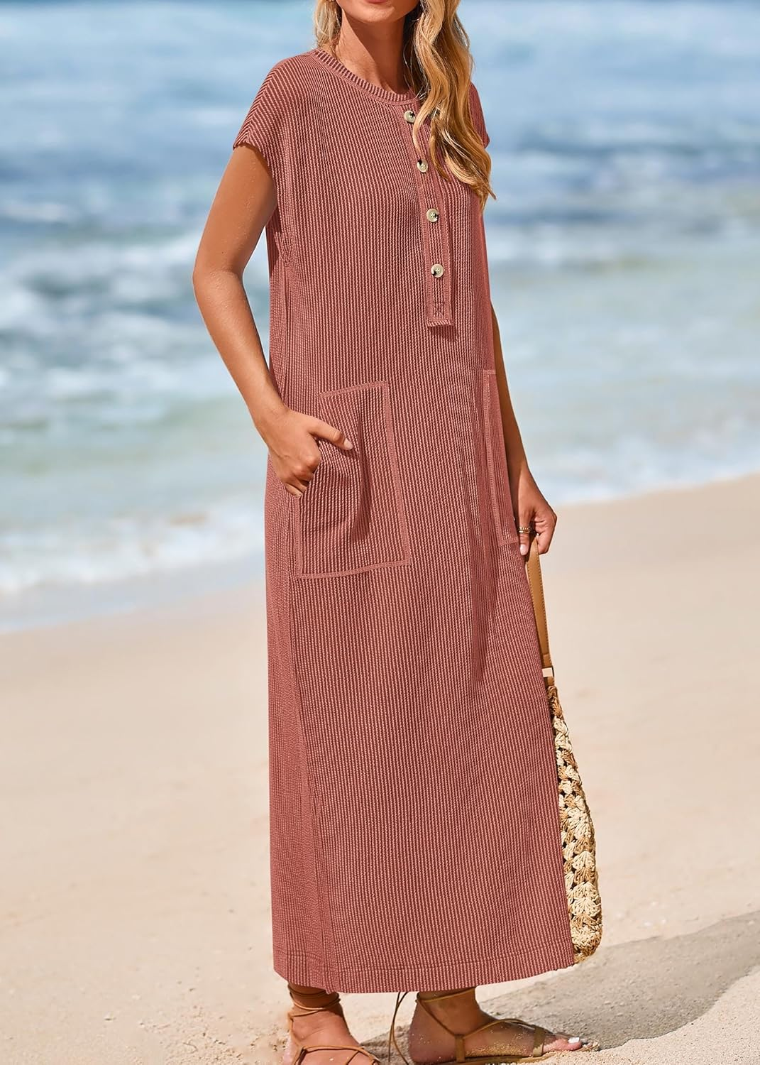 Women's  Ribbed Knit Henley Button Up Maxi Dress (Buy 2 Free Shipping)