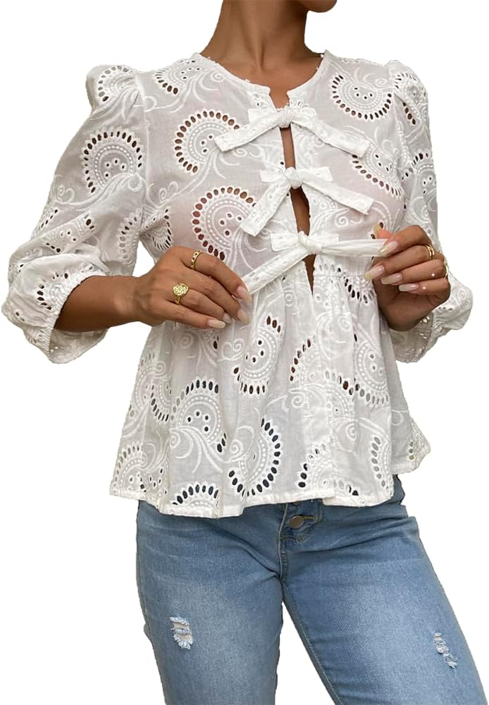 Women's Lace 3/4 Length Puff Sleeve Peplum Tops (Buy 2 Free Shipping)