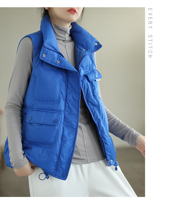 Literary Solid Color Stand Collar  Down Vest Coat