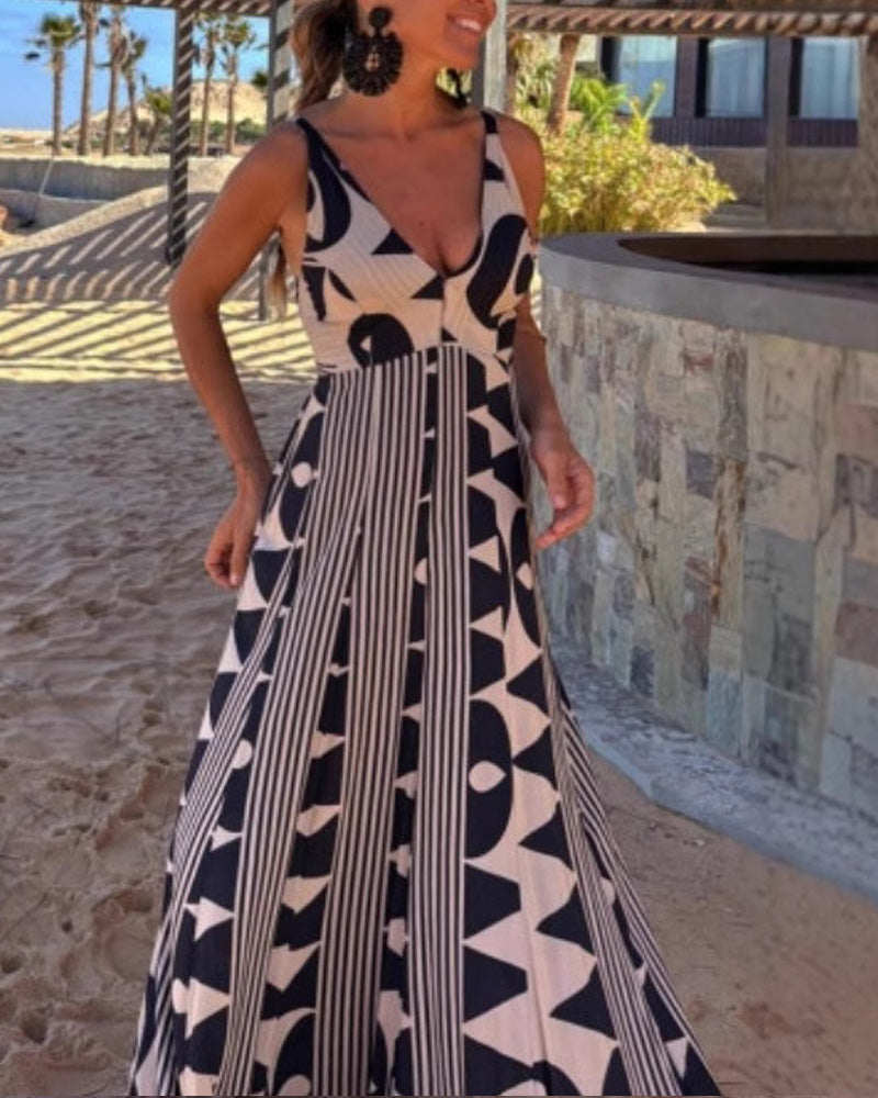 V-neck Waist Printed Large Dress