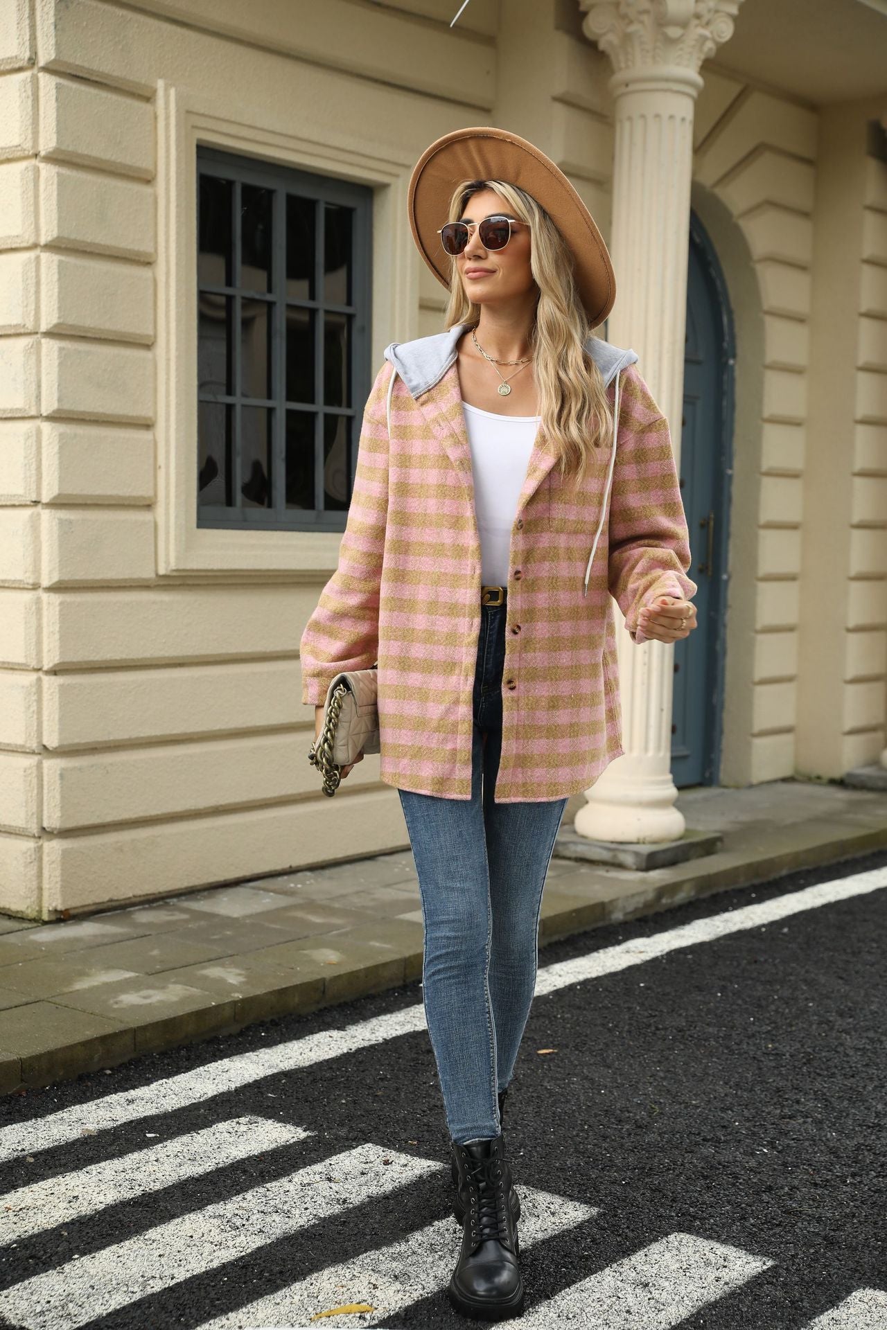 Autumn and Winter new women's hooded Plaid stitching top single-breasted woolen coat