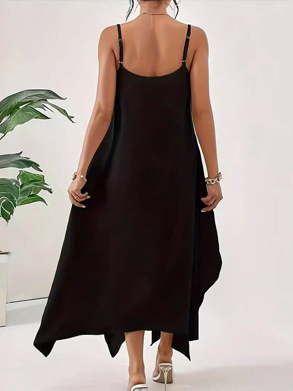 Loose Sleeveless Asymmetric Solid Color Spaghetti-Neck Maxi Dresses