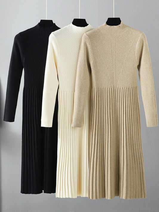 Stylish Long Sleeves High Waisted Pleated Solid Color Half Turtleneck Sweater Dresses