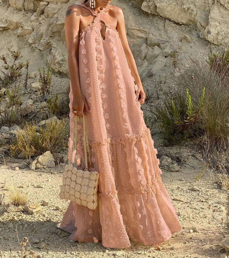 Fashion Hanging Neck Decorative Flowers Mopping Cake Dress