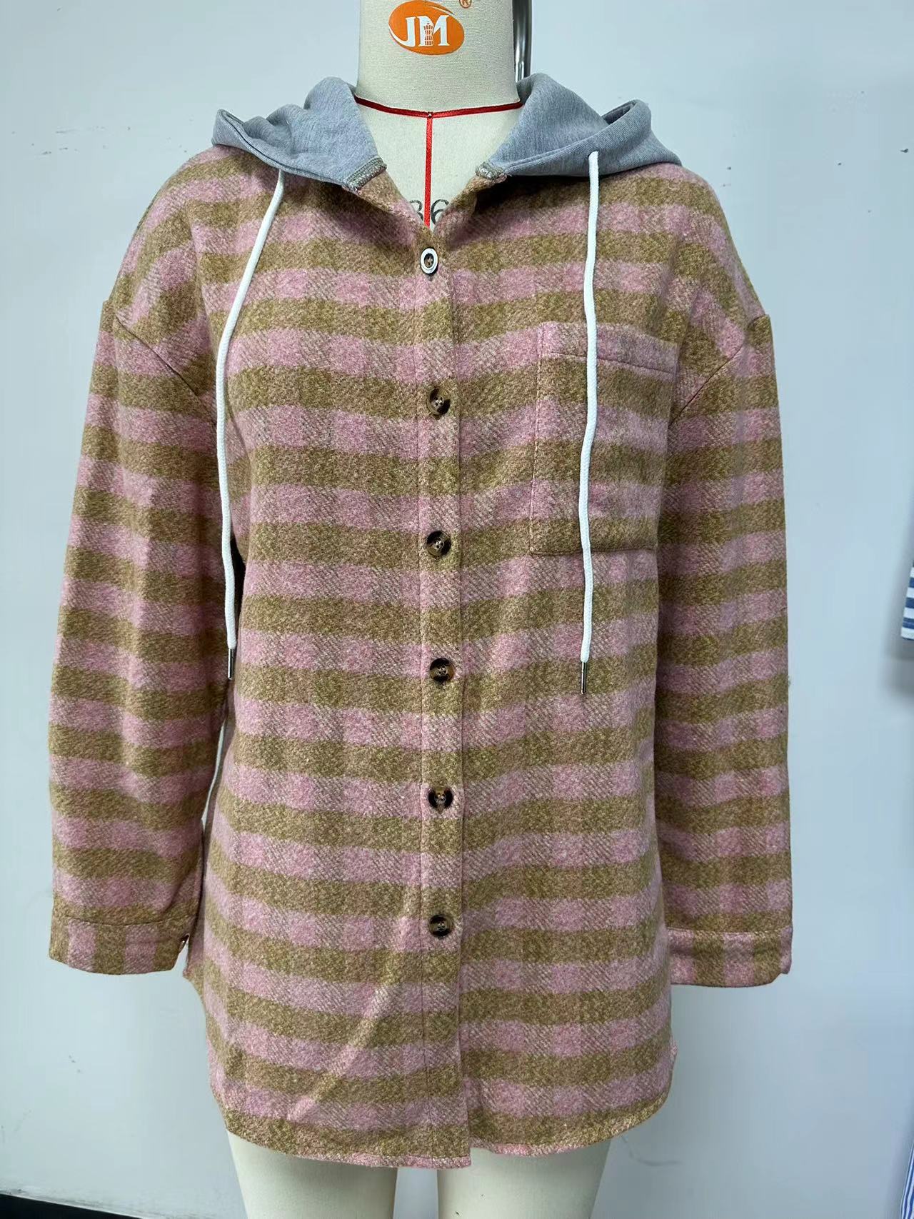 Autumn and Winter new women's hooded Plaid stitching top single-breasted woolen coat