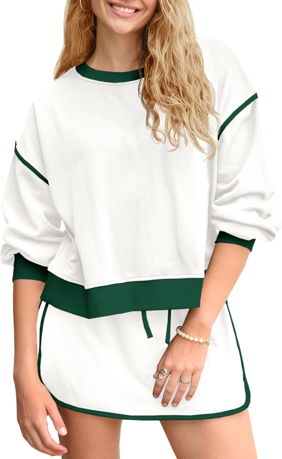 Contrast Loose Fit Sweater And Tie Waist Skirt Set (Buy 2 Free Shipping)