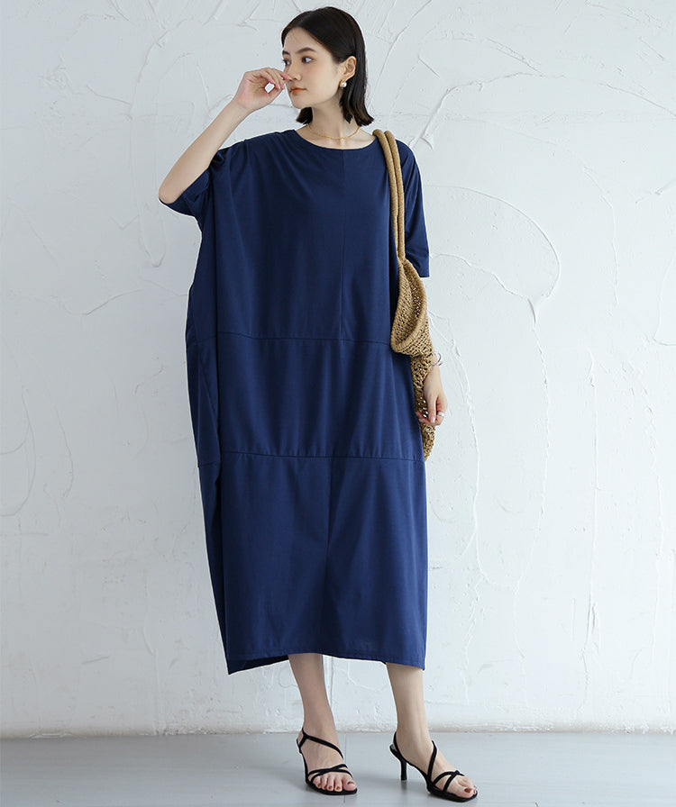 Loose Solid Round Neck Bat Sleeve Maxi Dress With Pocket