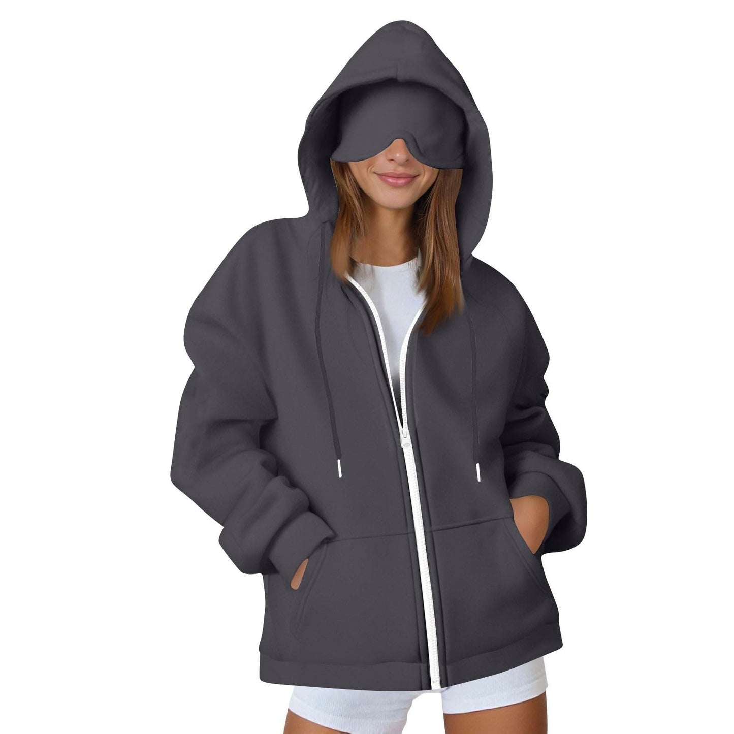 2025 European and American solid color women's autumn and winter hooded cardigan with eye patch zipper sweater