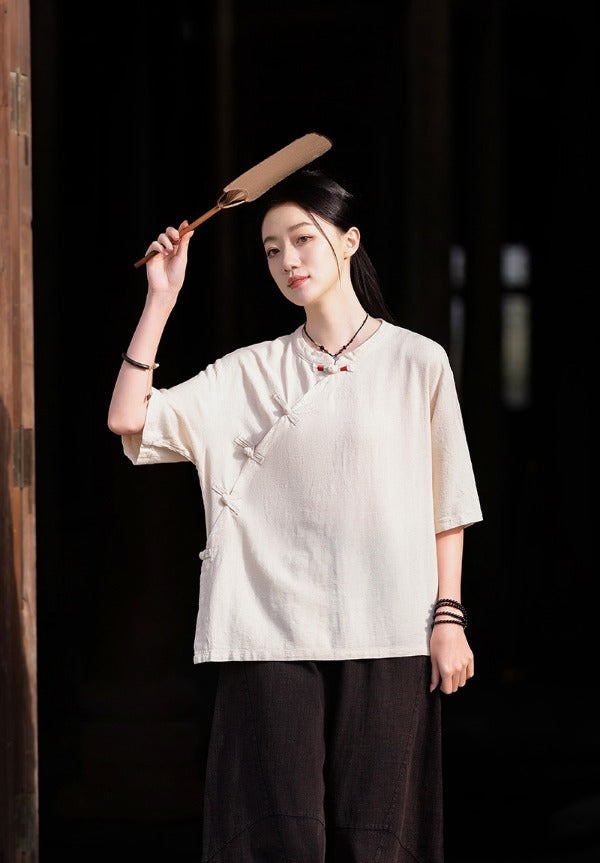 Vintage Stand Collar Short Sleeve Linen Shirt
