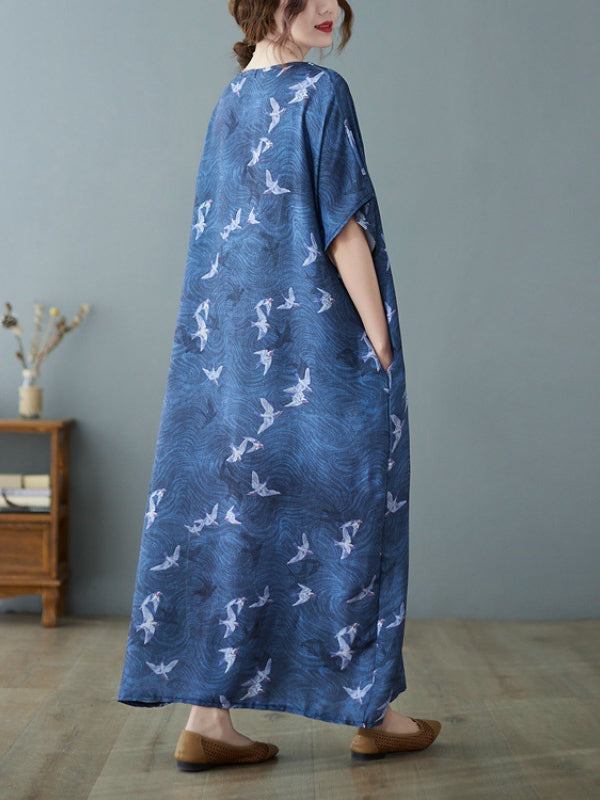 Vintage Print V-neck Short Sleeve Maxi Dress