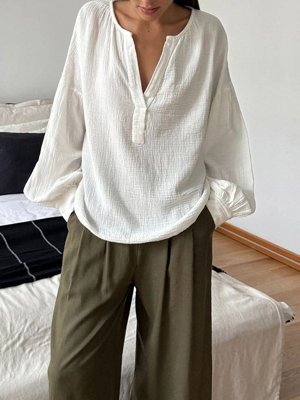 Loose Puff Sleeves Pleated Solid Color Split-Joint V-Neck Blouses&Shirts Tops