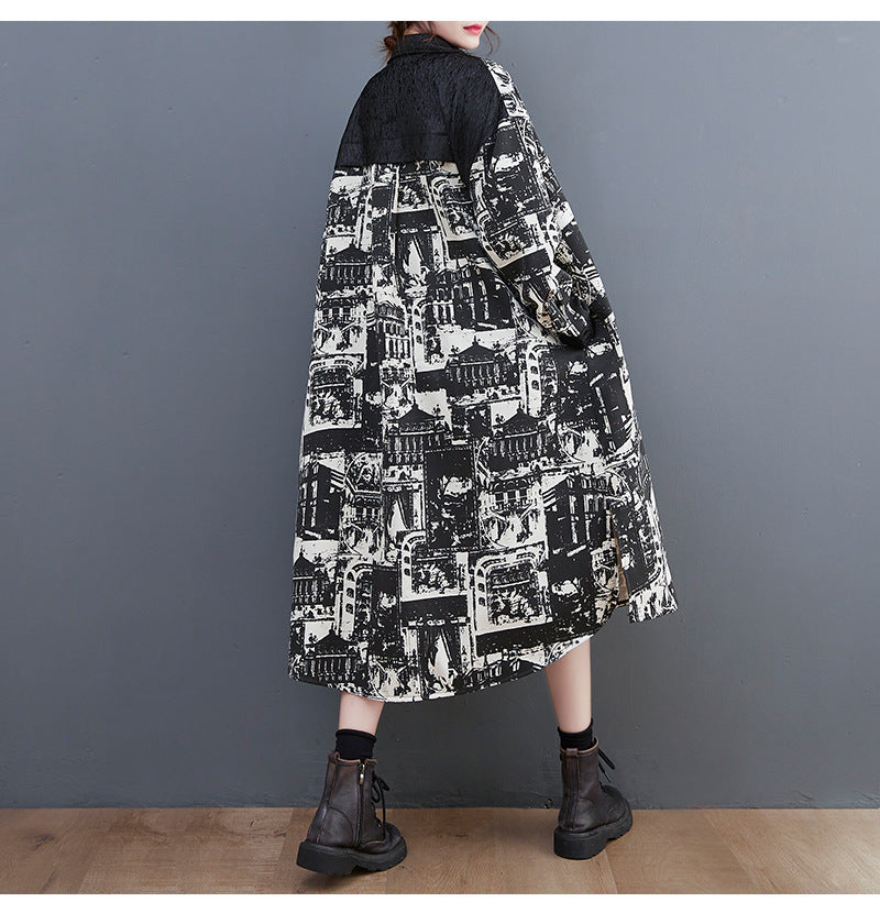 Vintage Print Lapel Long Sleeve Coat