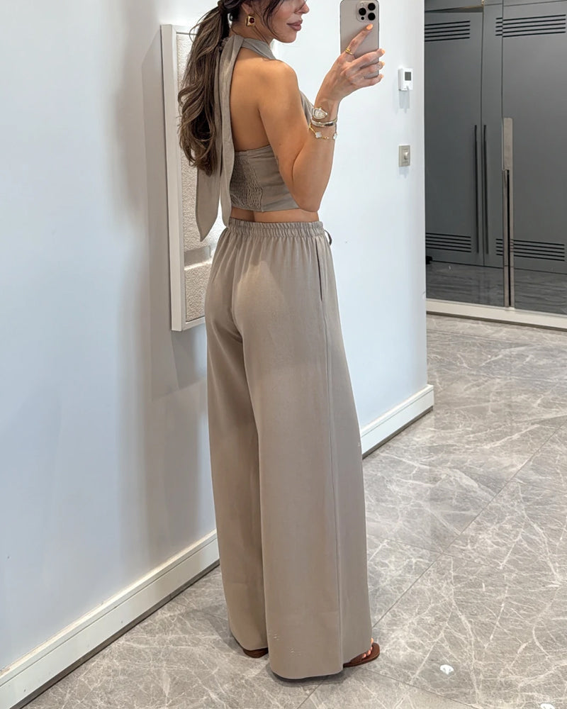 Casual Solid Color Lace-Up Top & Pants Two-Piece Set