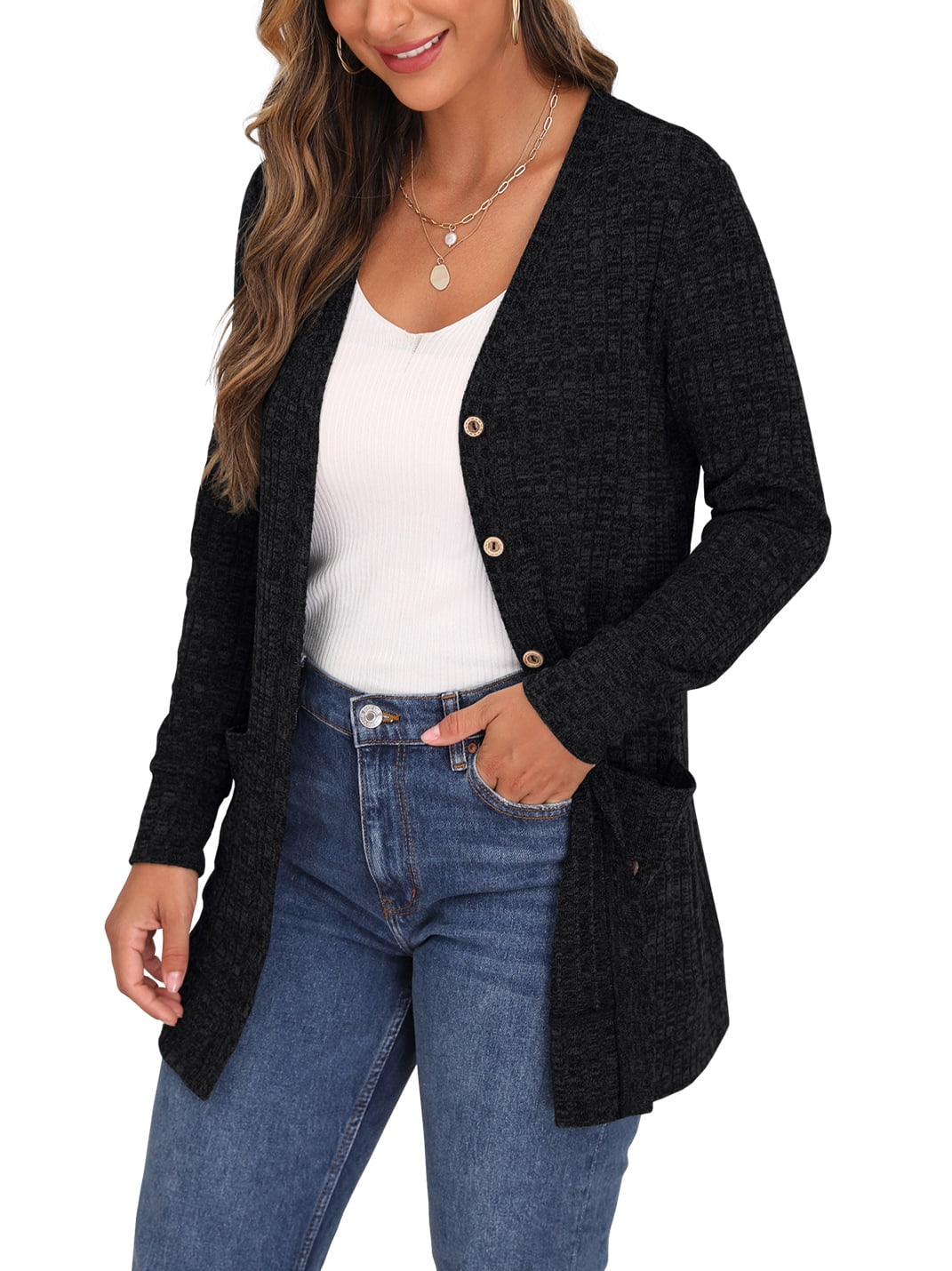 Open Front Black Cardigan for Women Button Down Long Sleeve Outerwear with Pocket