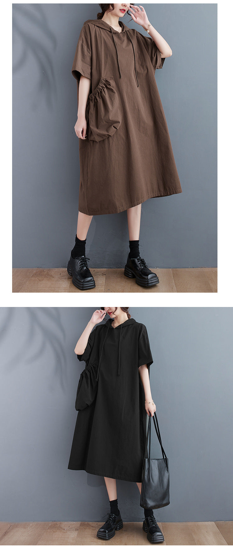 Loose Hooded Short Sleeve Midi Dress