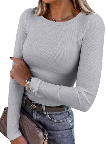 Women Long Sleeve Crewneck Rib Knit Slim Fit Shirts Basic Tee Tops