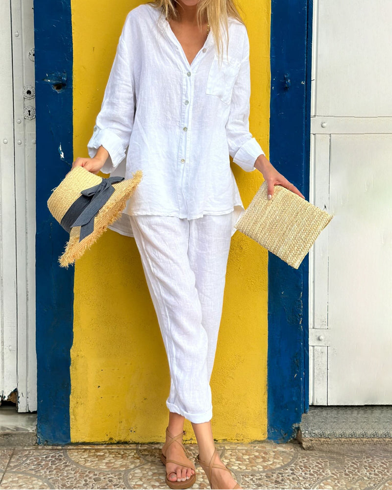 Casual Solid Color Shirt & Pants Two-piece Set