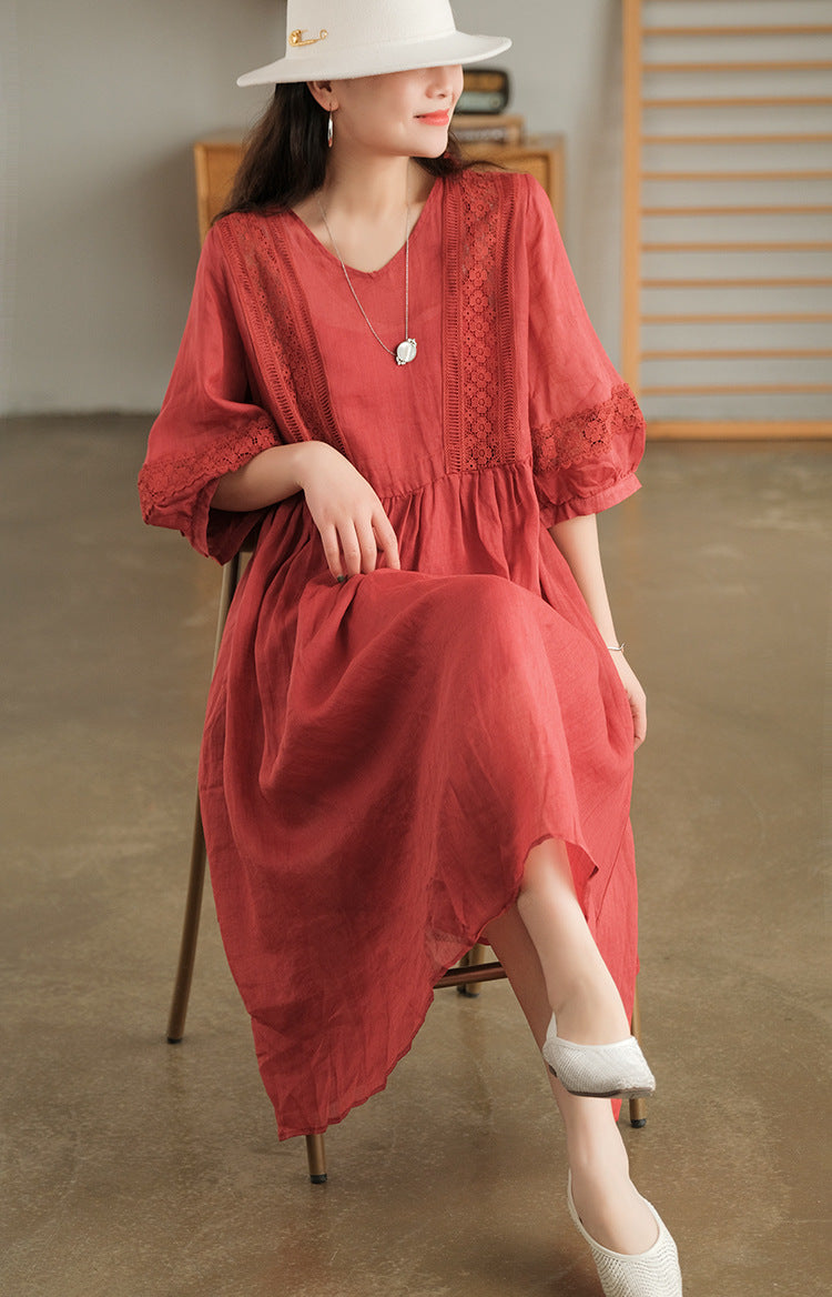 Literary Simple Seven-quarter Sleeve Lace-up Maxi Dress