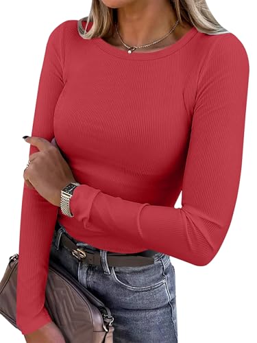 Women Long Sleeve Crewneck Rib Knit Slim Fit Shirts Basic Tee Tops