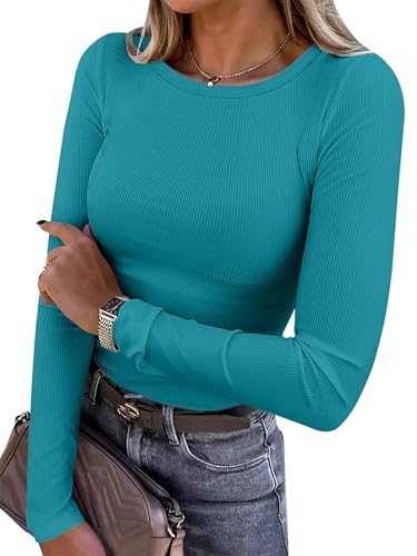 Women Long Sleeve Crewneck Rib Knit Slim Fit Shirts Basic Tee Tops
