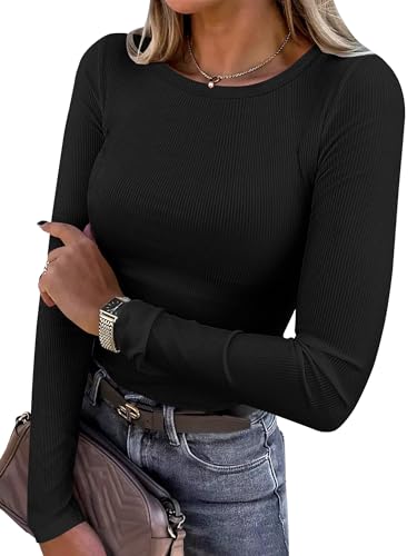 Women Long Sleeve Crewneck Rib Knit Slim Fit Shirts Basic Tee Tops
