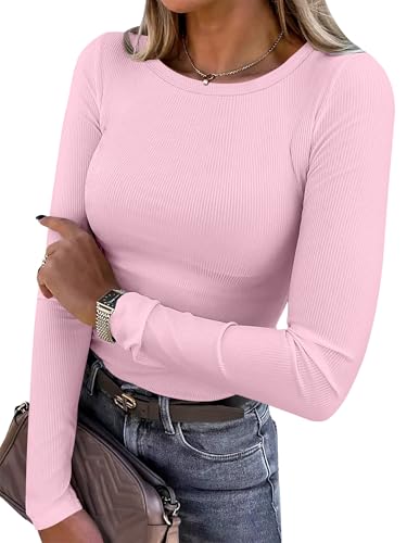 Women Long Sleeve Crewneck Rib Knit Slim Fit Shirts Basic Tee Tops