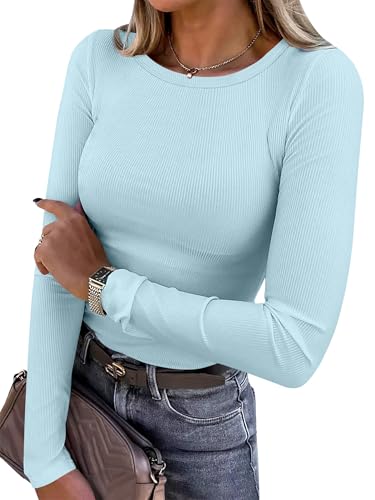 Women Long Sleeve Crewneck Rib Knit Slim Fit Shirts Basic Tee Tops