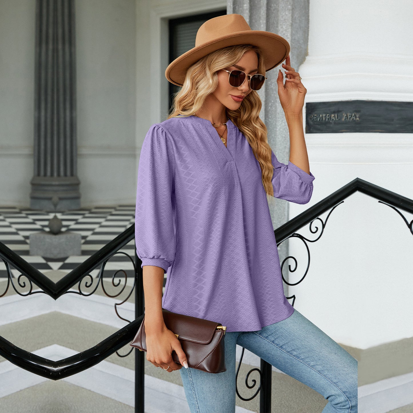 Autumn and Winter new solid color and V-neck jacquard 3/4 sleeve loose-fitting T-shirt top women