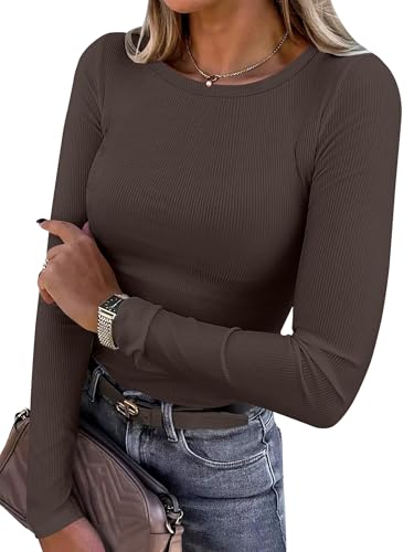 Women Long Sleeve Crewneck Rib Knit Slim Fit Shirts Basic Tee Tops