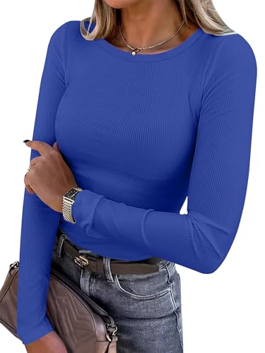 Women Long Sleeve Crewneck Rib Knit Slim Fit Shirts Basic Tee Tops