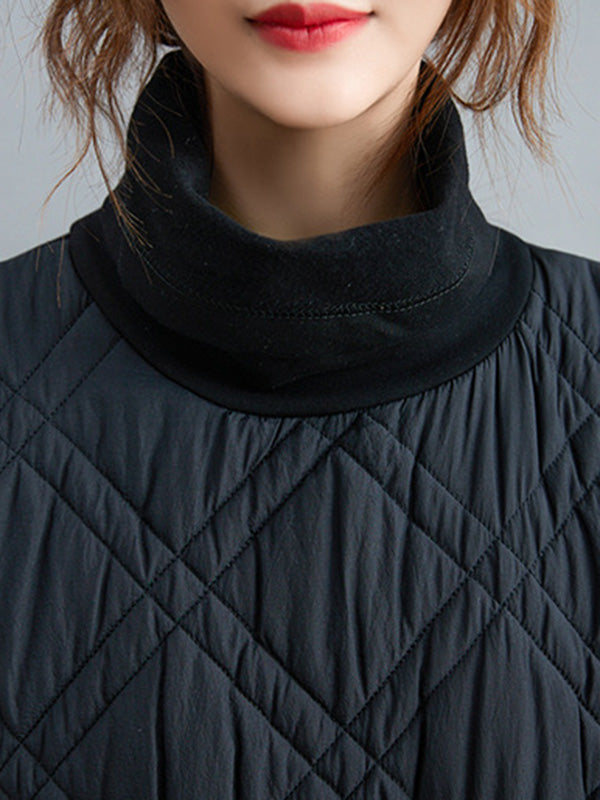 Simple Split-Joint High-Neck H-Line Quilted Midi Dress