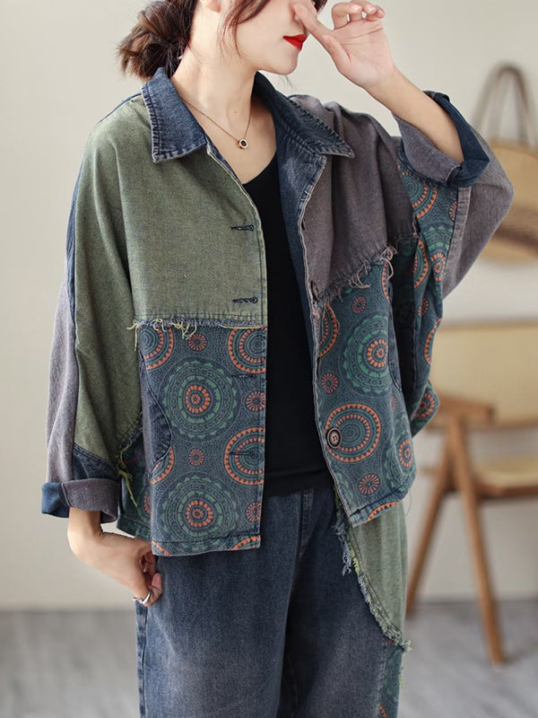 Contrast Color Fringed Split-Joint Long Sleeves Printed Outwear + Harem Pants  Two Pieces Set