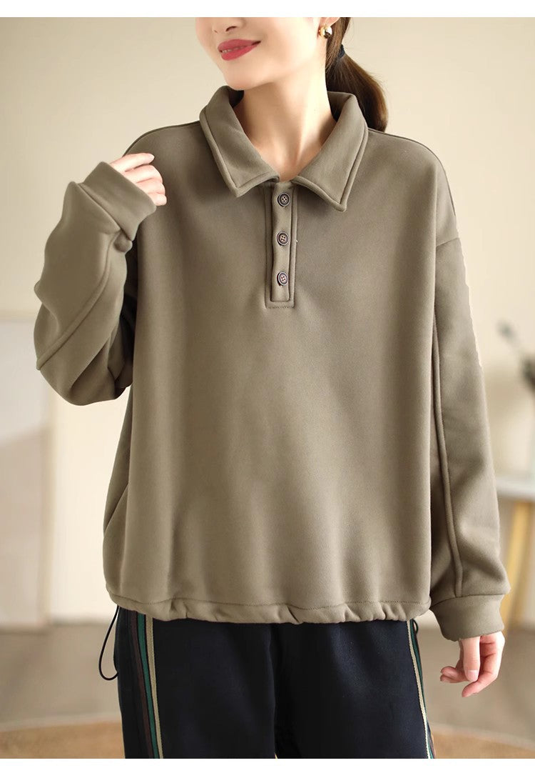 Literary Solid Color Cotton Long Sleeve Sweatshirt