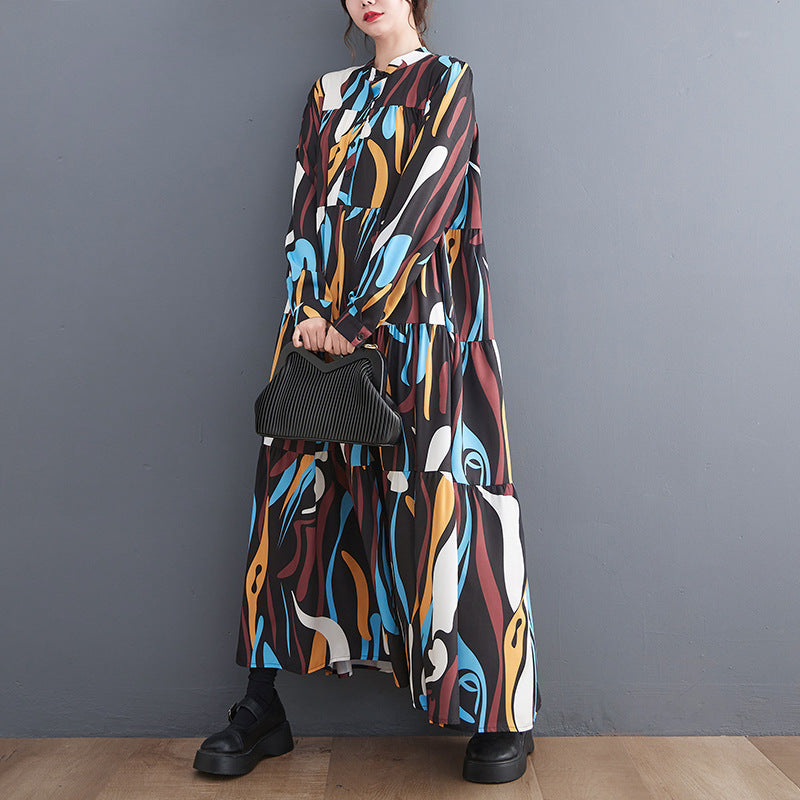 Loose Print Pleated Round Neck Midi Dress