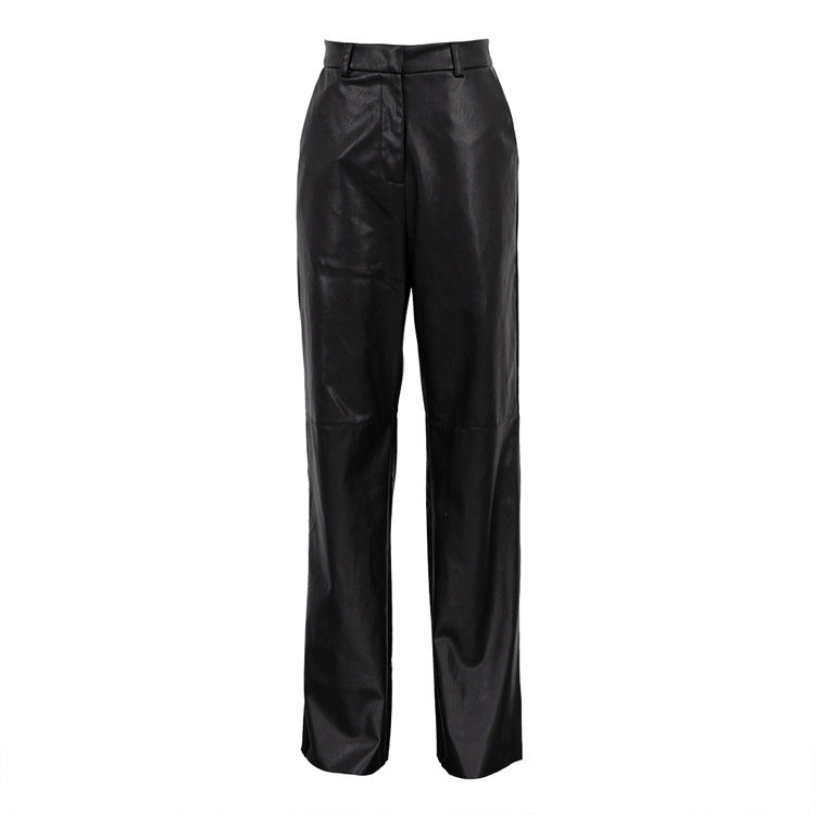 Autumn fashion PU leather mid-high waist hip lifting straight women's casual pants length leather pants