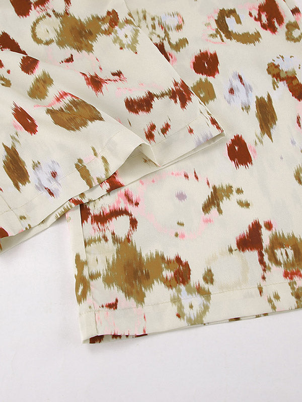 Long Sleeves Lace-Up Printed Lapel Blouse + High Waisted Elasticity Pants Two Pieces Set